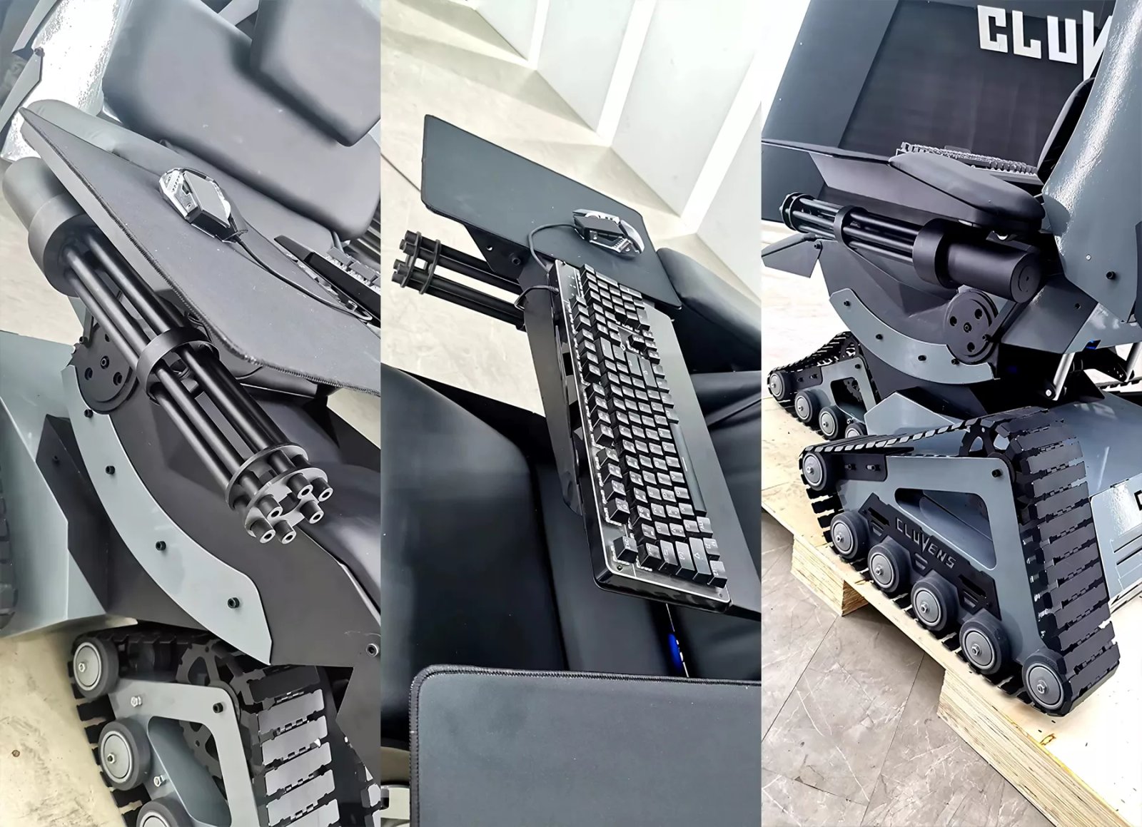 savasa hazirlanin bu sifir yercekimli oyun koltugunda tank basamaklari ve mitralyoz silahlari var 0 8i782n3r