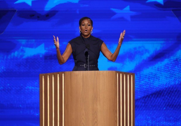 Former first lady Michelle Obama speaks at the Democratic National Convention at the United Center in Chicago on Tuesday, Aug. 20, 2024. (Chris Sweda/Chicago Tribune)